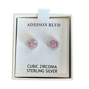 NEW Addison BLVD Pink + White CZ Halo Cut 925 Sterling Silver Stud Earrings